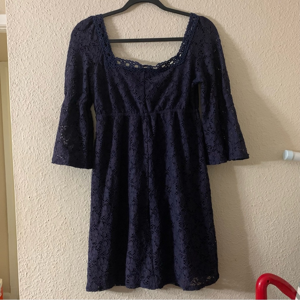 LAUNDRY by Shelli Segal Lined Lace Dress Empire Waist Navy Blue S Bell Sleeve